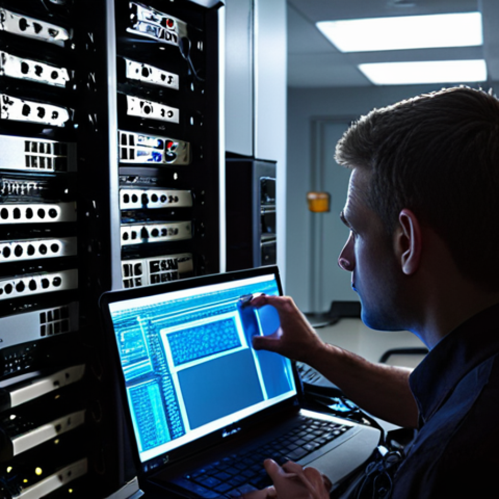 A focused Network Administrator, mid-task in a dimly lit server room or home lab. The scene captures the essence of hands-on learning and systematic troubleshooting: a person with a determined expression, surrounded by blinking network devices, tangled cables, and a laptop displaying complex command-line interfaces or network diagrams. The atmosphere should convey a sense of struggle turning into understanding and confidence, perhaps with a subtle "lightbulb" effect. Realistic, detailed, deep focus, 8k.