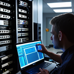 A focused Network Administrator, mid-task in a dimly lit server room or home lab. The scene captures the essence of hands-on learning and systematic troubleshooting: a person with a determined expression, surrounded by blinking network devices, tangled cables, and a laptop displaying complex command-line interfaces or network diagrams. The atmosphere should convey a sense of struggle turning into understanding and confidence, perhaps with a subtle "lightbulb" effect. Realistic, detailed, deep focus, 8k.