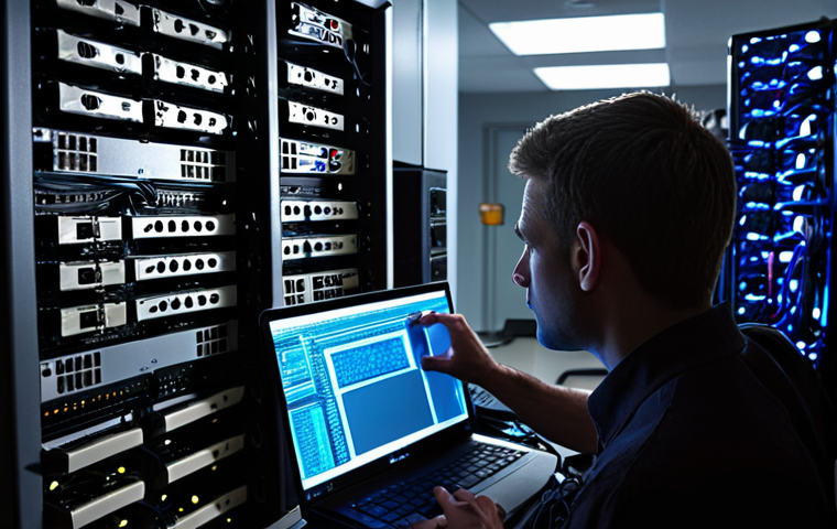 A focused Network Administrator, mid-task in a dimly lit server room or home lab. The scene captures the essence of hands-on learning and systematic troubleshooting: a person with a determined expression, surrounded by blinking network devices, tangled cables, and a laptop displaying complex command-line interfaces or network diagrams. The atmosphere should convey a sense of struggle turning into understanding and confidence, perhaps with a subtle "lightbulb" effect. Realistic, detailed, deep focus, 8k.