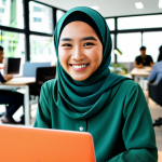 **

"A cheerful, fully clothed young woman wearing a modest baju kurung smiles warmly while working on a laptop at a modern co-working space in Kuala Lumpur. The background shows other people working and enjoying the environment. The lighting is bright and natural. Appropriate attire, safe for work, professional, perfect anatomy, natural pose, high resolution, family-friendly content."

**