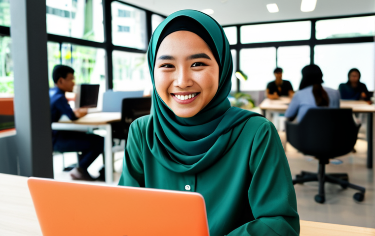 **
"A cheerful, fully clothed young woman wearing a modest baju kurung smiles warmly while working on a laptop at a modern co-working space in Kuala Lumpur. The background shows other people working and enjoying the environment. The lighting is bright and natural. Appropriate attire, safe for work, professional, perfect anatomy, natural pose, high resolution, family-friendly content."
**