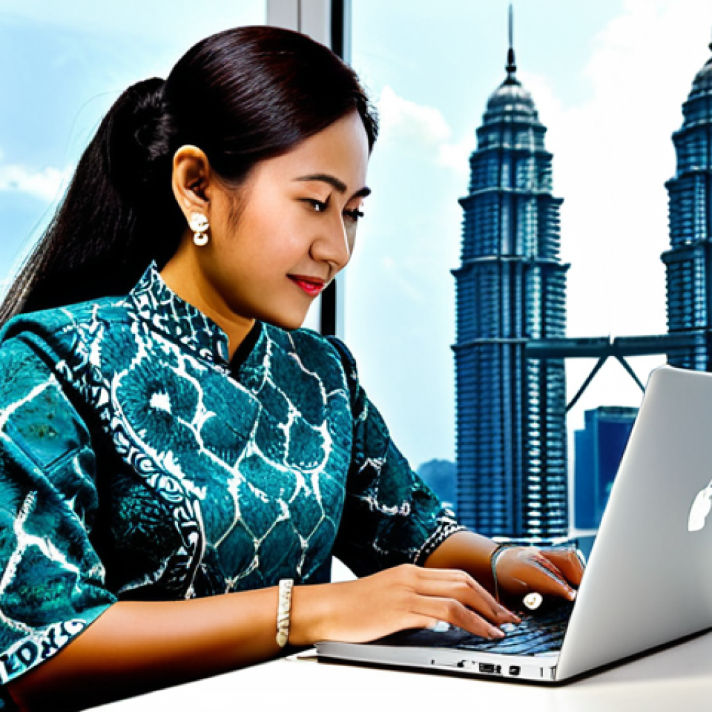 **

A professional Malaysian businesswoman in a modest batik dress, working on a laptop at a desk in a bright, modern Kuala Lumpur office with the Petronas Twin Towers visible in the background. Fully clothed, appropriate attire, safe for work, perfect anatomy, natural pose, professional photography, high quality.

**