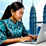 **

A professional Malaysian businesswoman in a modest batik dress, working on a laptop at a desk in a bright, modern Kuala Lumpur office with the Petronas Twin Towers visible in the background. Fully clothed, appropriate attire, safe for work, perfect anatomy, natural pose, professional photography, high quality.

**