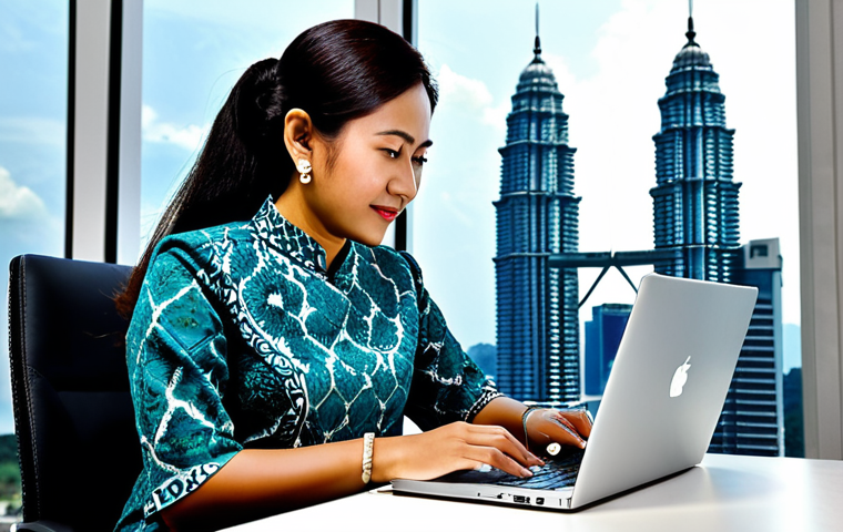 **
A professional Malaysian businesswoman in a modest batik dress, working on a laptop at a desk in a bright, modern Kuala Lumpur office with the Petronas Twin Towers visible in the background. Fully clothed, appropriate attire, safe for work, perfect anatomy, natural pose, professional photography, high quality.
**